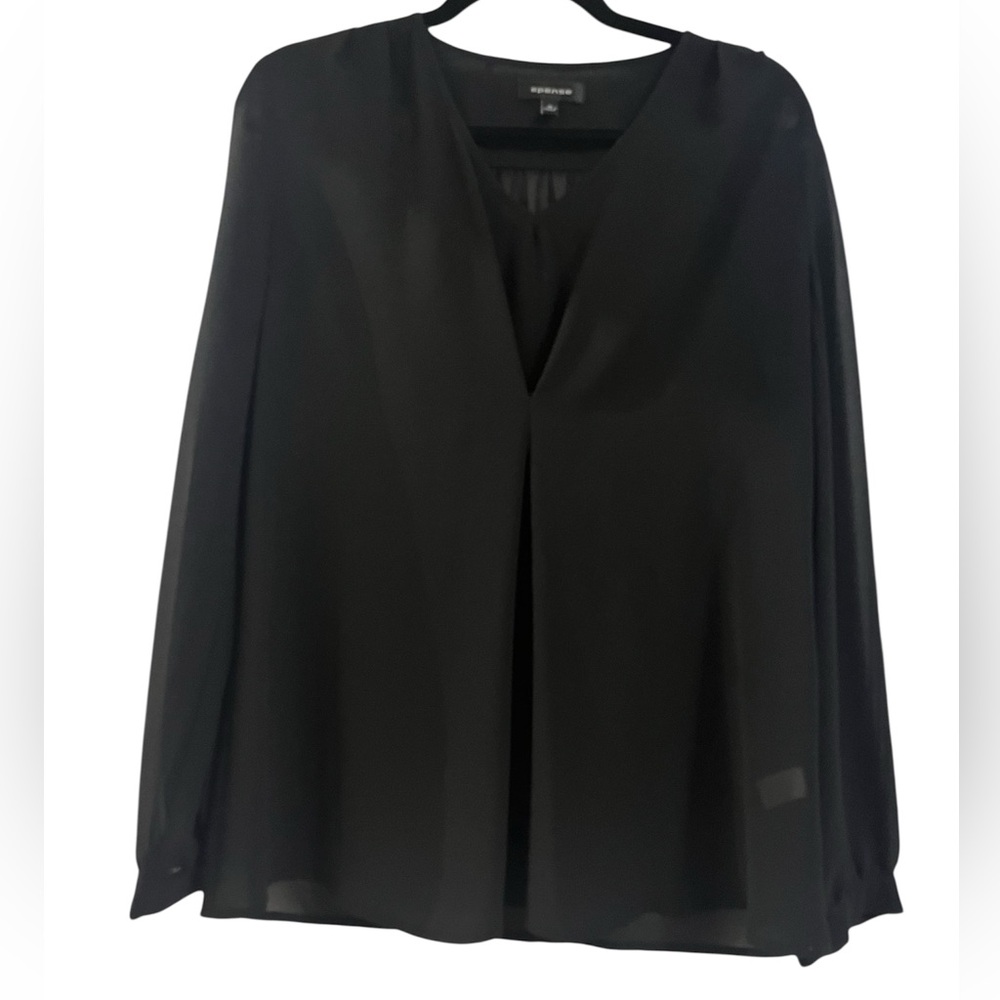 Spense Black Sheer Layered Blouse Lightweight Polyester Office Business Casual